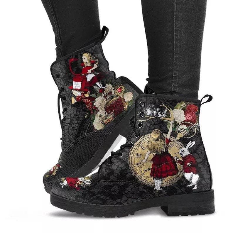 Dark fantasy print combat boots alternative fashion women Red Rabbit colorway full front view lace up