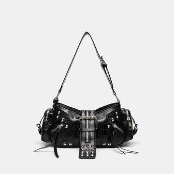 Buckle harness shoulder bag in black PU leather with decorative buckle strap detailing from Alternative Darkwear