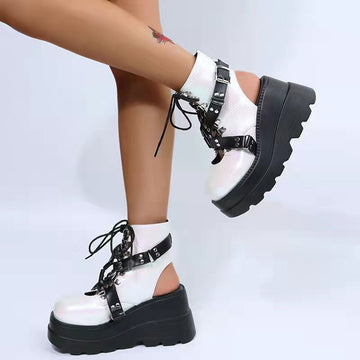 White and black open toe platform boots darkwear fashion women angled view cut out heel design
