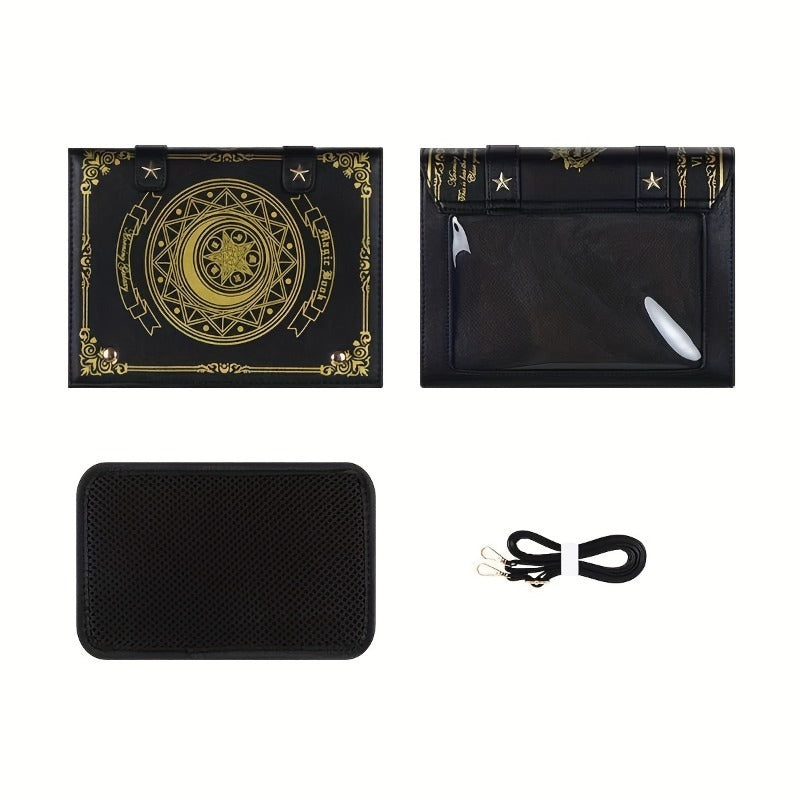 Black crossbody bag in black faux leather with moon embossing and gold occult detailing from Alternative Darkwear