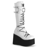 White fur-integrated women's platform wedge boots with mid-calf shaft and round toe, Romantic Gothic style