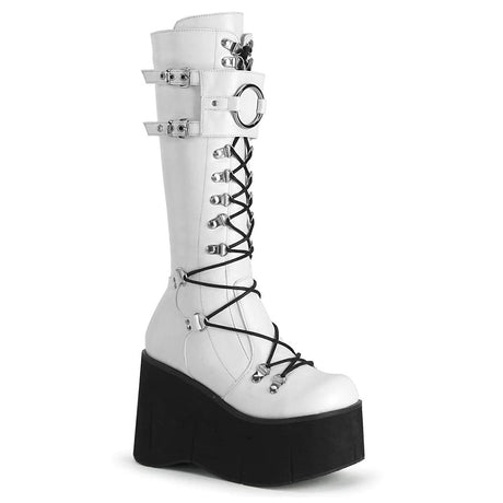 White fur-integrated women's platform wedge boots with mid-calf shaft and round toe, Romantic Gothic style