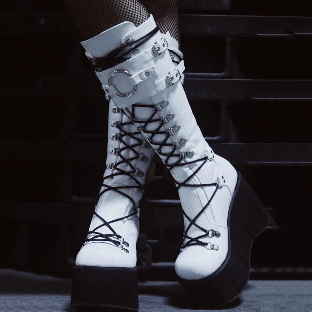 Women's black and white gothic platform boots for Halloween and dark fairytale fashion, Alternative Darkwear